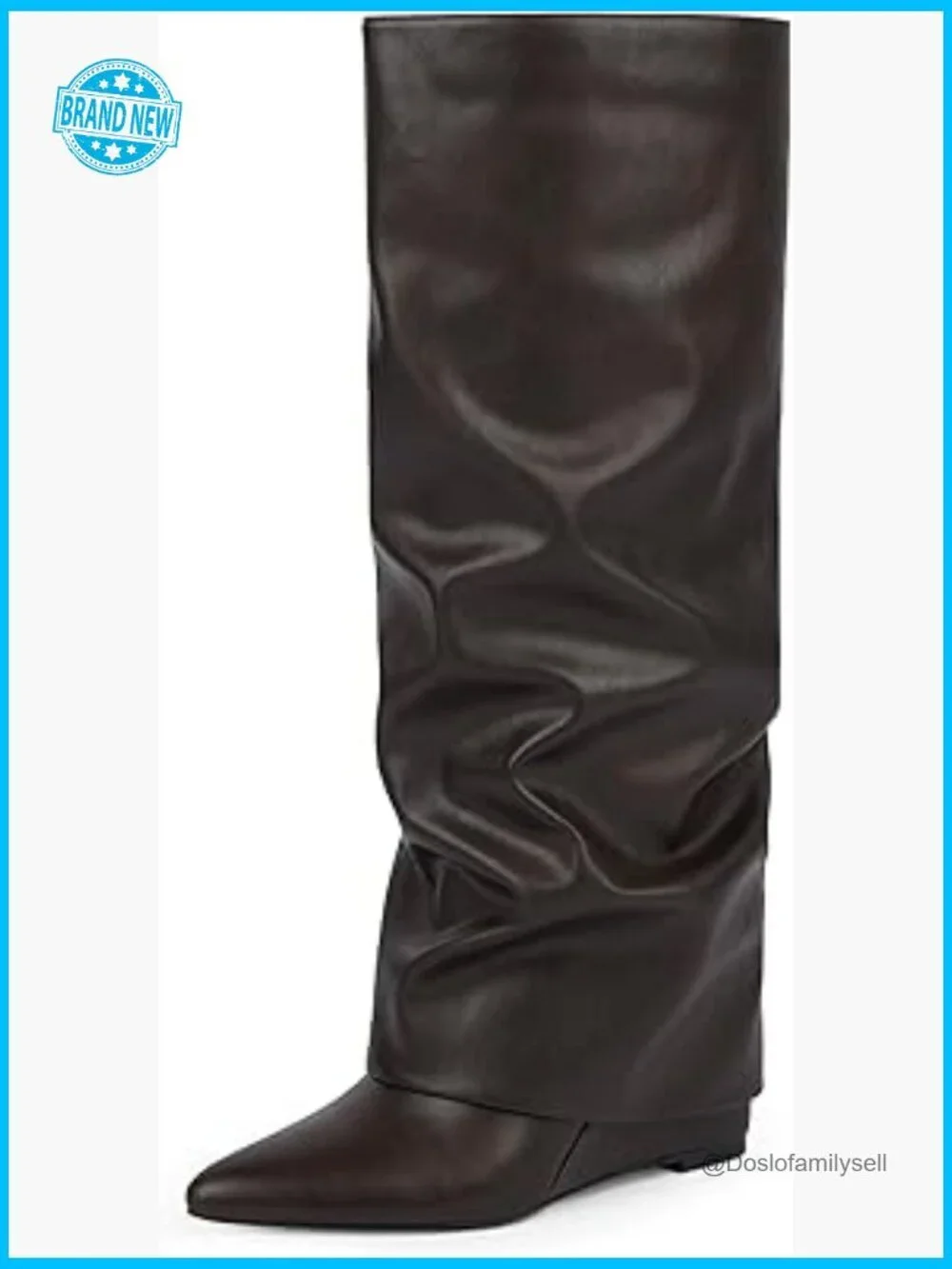 Knee High Boots Wedge Heel Slouchy Fold Over Zipper Pointed Toe Dress Boots